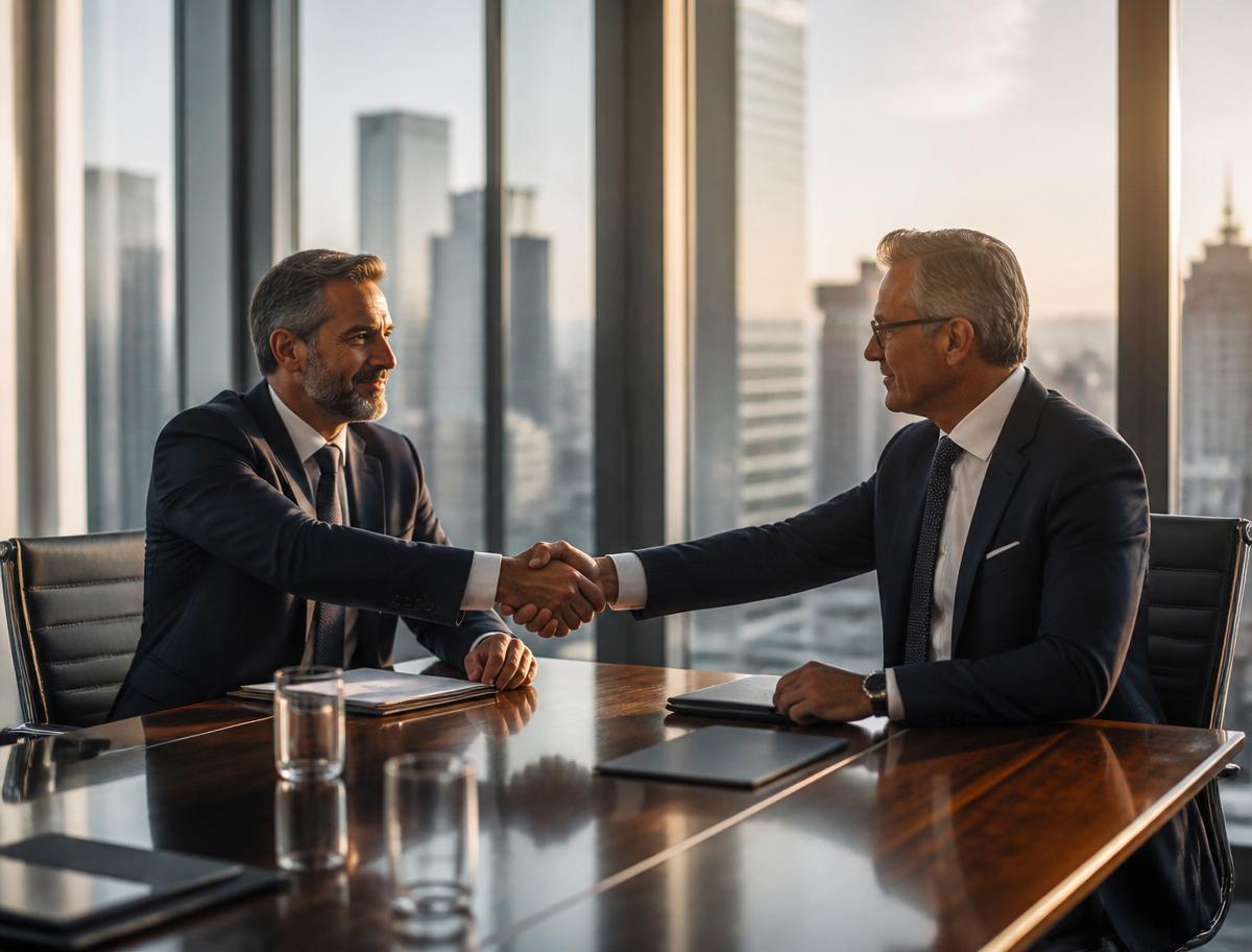 Two partners shaking hands in a modern office